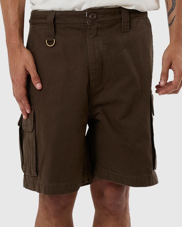 Image of a model wearing Shorts. Productname: Thrills - Mens Slacker Union Cargo Shorts - Tarmac - in Tarmac colour by brand - Thrills