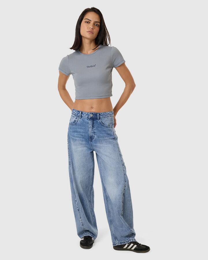 Image of a model wearing Uniforms & Workwear. Product name - Thrills Womens Thrills Workwear Baby T-Shirt Flint Blue in Flint Blue colour by brand - Thrills