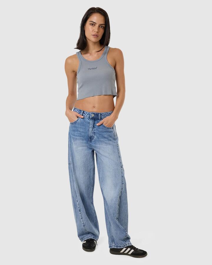 Image of a model wearing Uniforms & Workwear. Productname: Thrills - Womens Thrills Workwear Cali Tank Top - Flint Blue - in Flint Blue colour by brand - Thrills