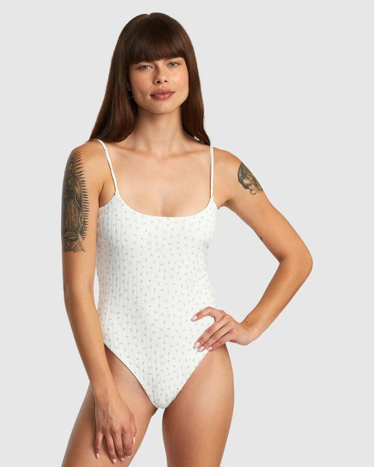 Image of Swimwear. Productname: RVCA - Womens Pointe Wide Rib Med French One Piece Swimsuit - White - in White colour by brand - RVCA
