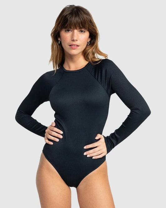 Image of a model wearing Tops. Productname: Roxy - Womens Rib Loxy Love Long Sleeve Rash Vest - Anthracite - in Anthracite colour by brand - Roxy