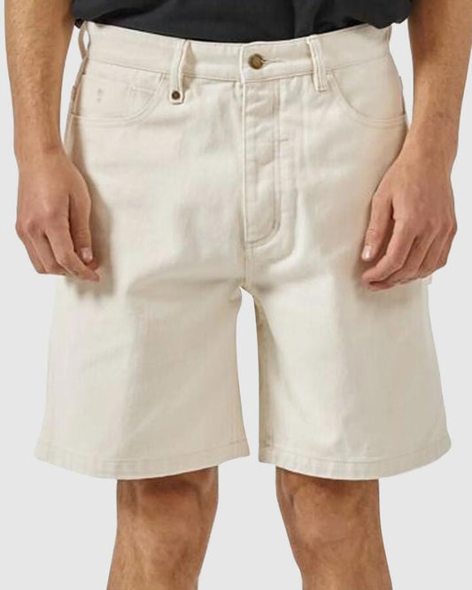 Image of a model wearing Shorts. Productname: Thrills - Mens Slacker Denim Shorts - Heritage White - in Heritage White colour by brand - Thrills