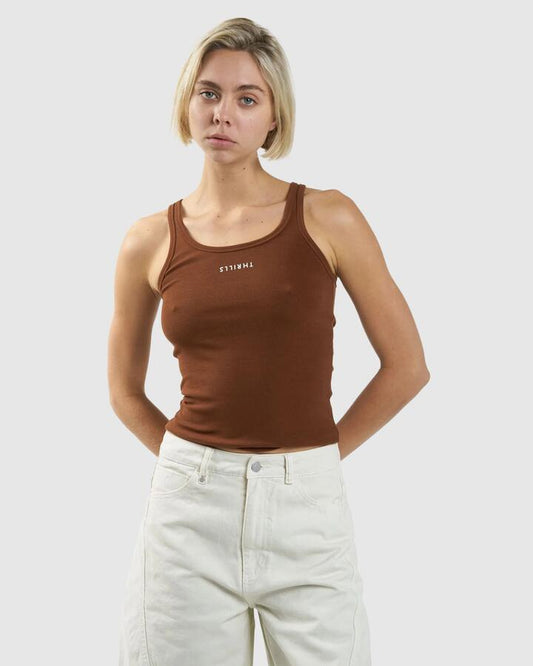 Image of a model wearing Tops. Productname: Thrills - Womens Minimal Thrills Scoop Tank Top - Chestnut - in Chestnut colour by brand - Thrills