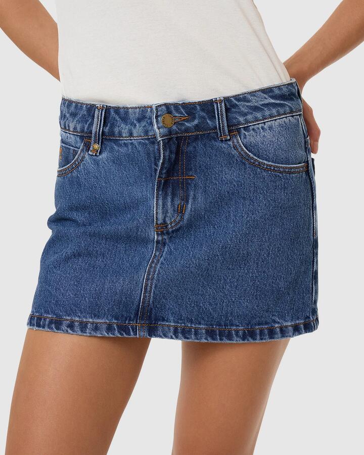 Image of a model wearing Skirts. Productname: Thrills - Womens Sophie Denim Skirt - Double Rinsed Blues - in Double Rinsed Blues colour by brand - Thrills