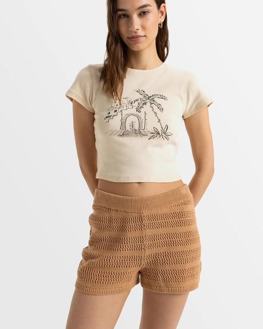 Image of a model wearing Shorts. Productname: Roxy - Womens Spicy Vibes Elastic Waist Shorts - Camel - in Camel colour by brand - Roxy