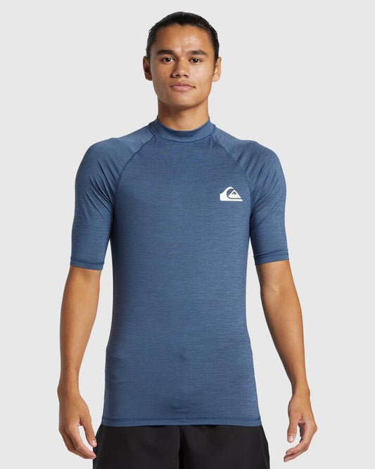 Image of a model wearing Tops. Productname: Quiksilver Mens Everyday Short Sleeve Upf 50 Rash Vest Vintage Indigo Heather - in Vintage Indigo Heather colour by brand - Quiksilver