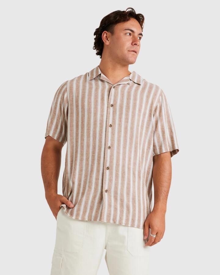 Image of a model wearing Tops. Productname: RVCA Mens Beat Stripe Vintage Short Sleeve Shirt Ermine - in Ermine colour by brand - RVCA
