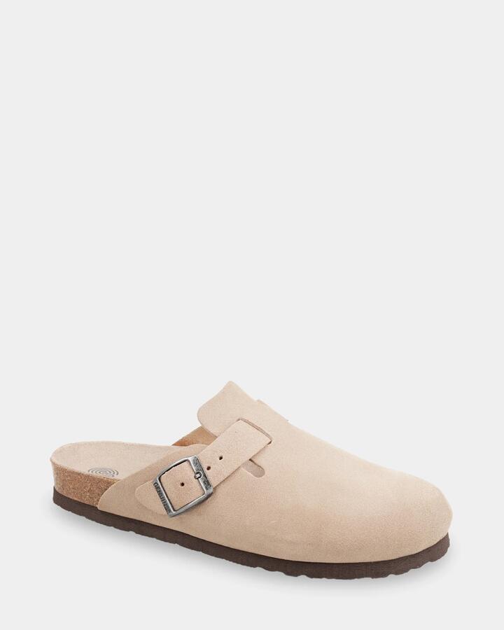Image of Slippers. Product name - Genuins Riva Velour Clog Taupe in Taupe colour by brand - Genuins