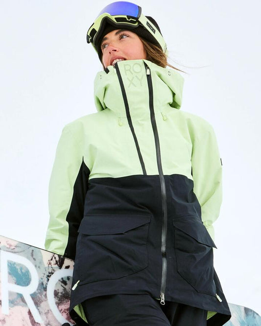 Image of a model wearing Outerwear. Productname: Roxy Womens Gore-Tex Stretch Purelines Snow Jacket Butterfly - in Butterfly colour by brand - Roxy
