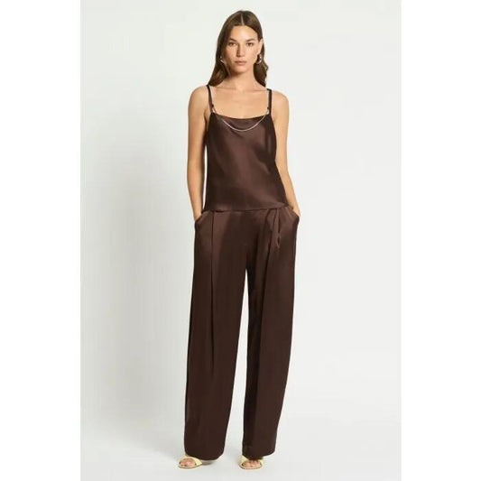 Image of a model wearing Pants. Productname: Vague Love Pant in WARM CHOCOLATE colour by brand - sass and bide