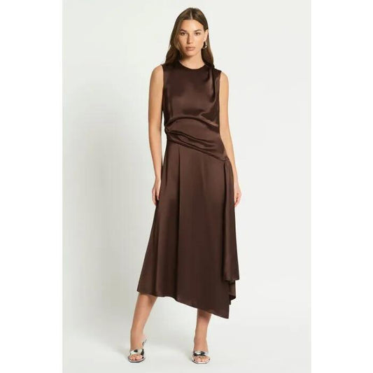Image of a model wearing Dress. Productname: Vague Love Midi Dress in WARM CHOCOLATE colour by brand - sass and bide