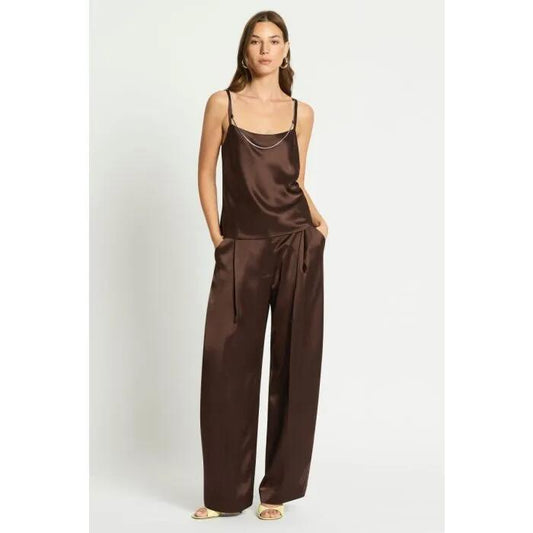 Image of a model wearing Tops. Productname: Vague Love Cami in WARM CHOCOLATE colour by brand - sass and bide