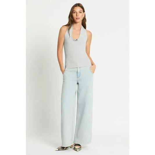 Image of a model wearing Tops. Productname: Modi Halter Neck Knit Top in Silver colour by brand - sass and bide