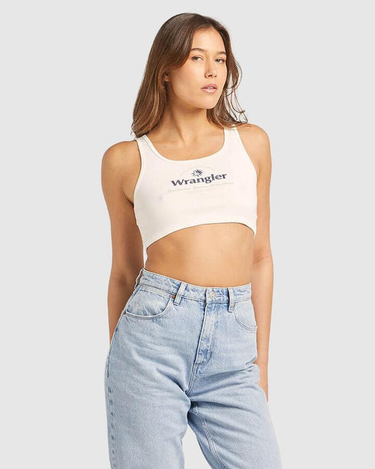 Image of a model wearing Tops. Productname: Wrangler Womens Reaction Tank 90S Vacay Multi - in Multi colour by brand - Wrangler