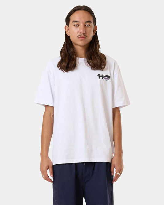 Image of a model wearing Tops. Productname: Worship Mens Logomania T-Shirt White - in White colour by brand - Worship