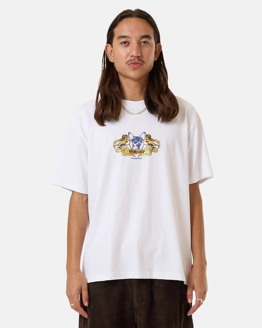 Image of a model wearing Tops. Productname: Worship Mens Hank T-Shirt White - in White colour by brand - Worship