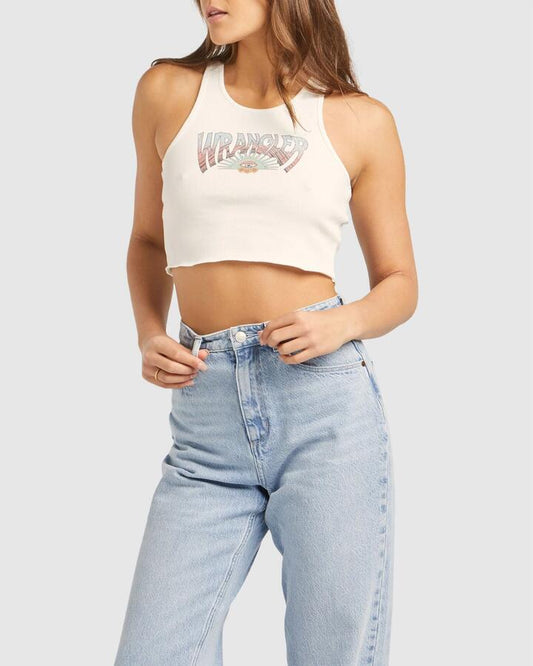 Image of a model wearing Tops. Productname: Wrangler Womens Lenny Tank Spiralling Multi - in Multi colour by brand - Wrangler