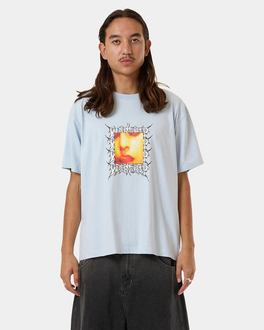 Image of a model wearing Tops. Productname: Worship Mens Xtsee T-Shirt Ice Melt - in Ice Melt colour by brand - Worship