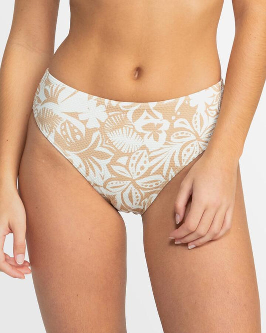 Image of Swimwear. Productname: Roxy Womens Palm Palm Mid Waist Moderate Bikini Bottom Ginger Root Suntrip Swim - in Ginger Root Suntrip Swim colour by brand - Roxy