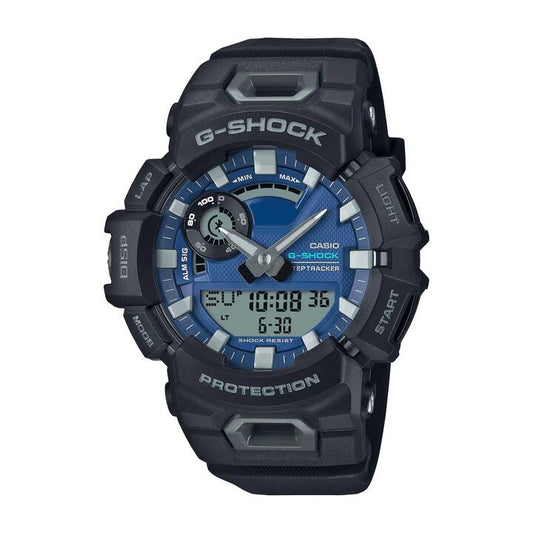 Image of Watches. Productname: Casio G Shock G Squad Breeze Run Bluetooth Life Log Dual 200M Water Resistant Blue Face Black Resin Band GBA900CB-1A in Watch colour by brand - Casio