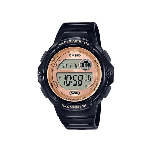 Image of Watches. Productname: Casio Ladies Digital Lap 60 100M W/R Lap Memory Alarm BlkRose Gold Resin Band LWS1200H-1A in Watch colour by brand - Casio