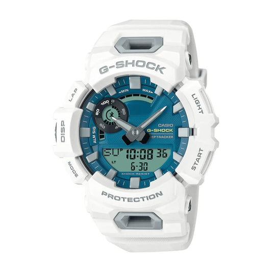 Image of Watches. Productname: Casio G-Shock G Squad Breeze Run Bluetooth Life Log Dual 200M Water Resistant Blue Face White Resin Band GBA900CB-7A in Watch colour by brand - Casio