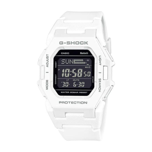 Image of Watches. Productname: Casio G Shock Digital Square Bluetooth Steps Dual Time 200M Water Resistant Black Face White Resin Band GDB500-7D in Watch colour by brand - Casio
