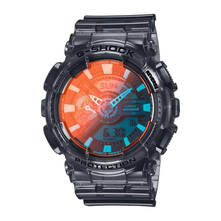 Image of Watches. Productname: Casio G Shock Duo Beach Time Lapse Stopwatch World Time Alarm 200M Water Resistant Red/Blue Face Blk Trsprt Resin GA110TLS-8A in Watch colour by brand - Casio