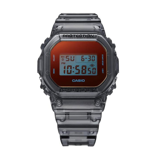 Image of Watches. Productname: Casio G Shock Dig Beach Time Lapse Stopwatch Alarm 200M Water Resistant Red/Blue Face Blk Trsprt Resin DW5600TLS-8D in Watch colour by brand - Casio