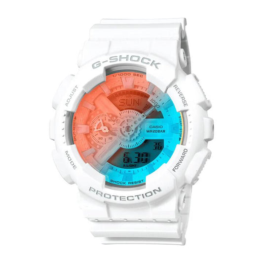 Image of Watches. Productname: Casio G Shock Duo Beach Time Lapse Stopwatch World Time Alarm 200M Water Resistant Blue/Pink Face White Resin Band GA110TL-7A in Watch colour by brand - Casio