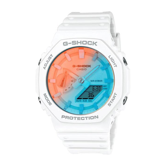 Image of Watches. Productname: Casio G Shock Duo Beach Time Lapses Stopwatch World Time Alarm 200M Water Resistant Blue/Pink Face White Resin Band GA2100TL-7A in Watch colour by brand - Casio