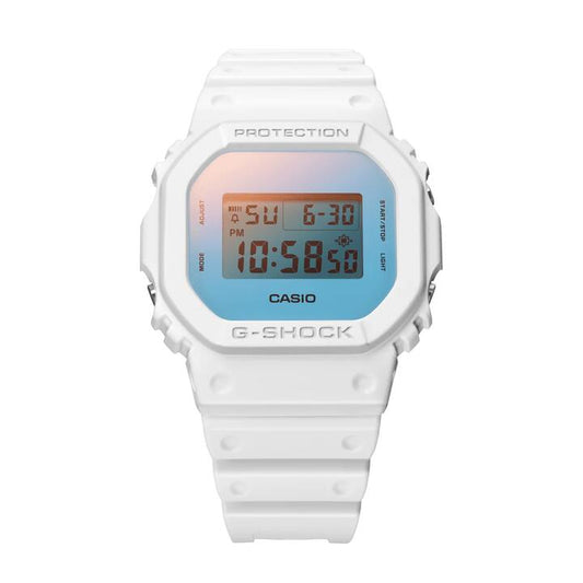 Image of Watches. Productname: Casio G Shock Dig Beach Time Lapse Stopwatch Alarm 200M Water Resistant Blue/Pink Face White Resin Band DW5600TL-7D in Watch colour by brand - Casio