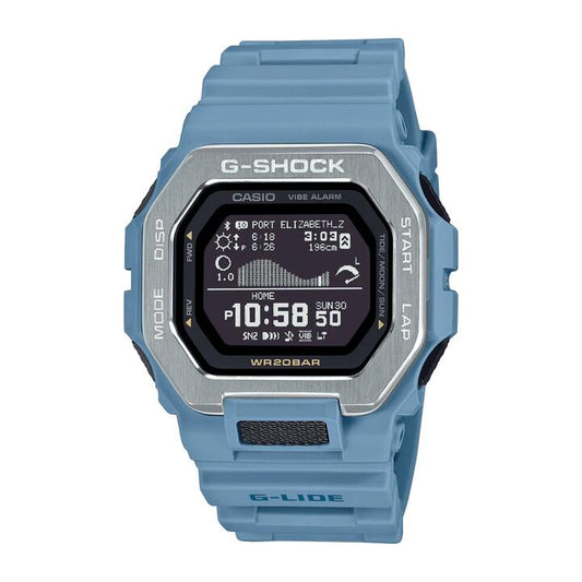 Image of Watches. Productname: Casio G Shock G-Lide Natural Surf Bluetooth Training World Time 200M Water Resistant Black Face Blue Resin Band GBX100-2A in Watch colour by brand - Casio