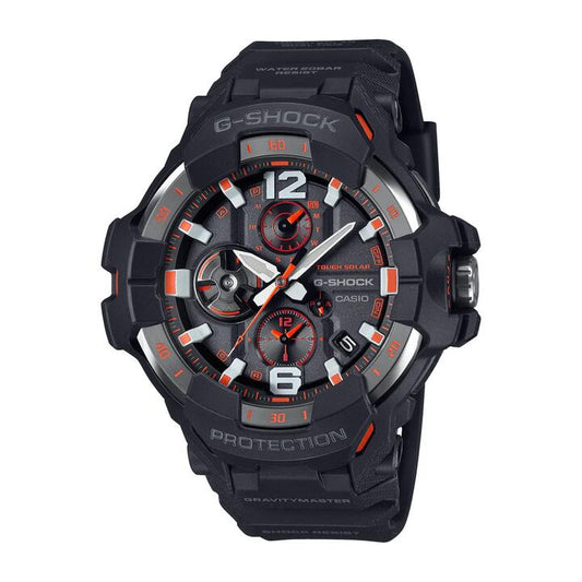 Image of Watches. Productname: Casio G Shock Mog Gravity Master Solar Bluetooth Dual Stopwatch 200M Water Resistant Black W/ Red Accent el Resin GRB300-1A4 in Watch colour by brand - Casio