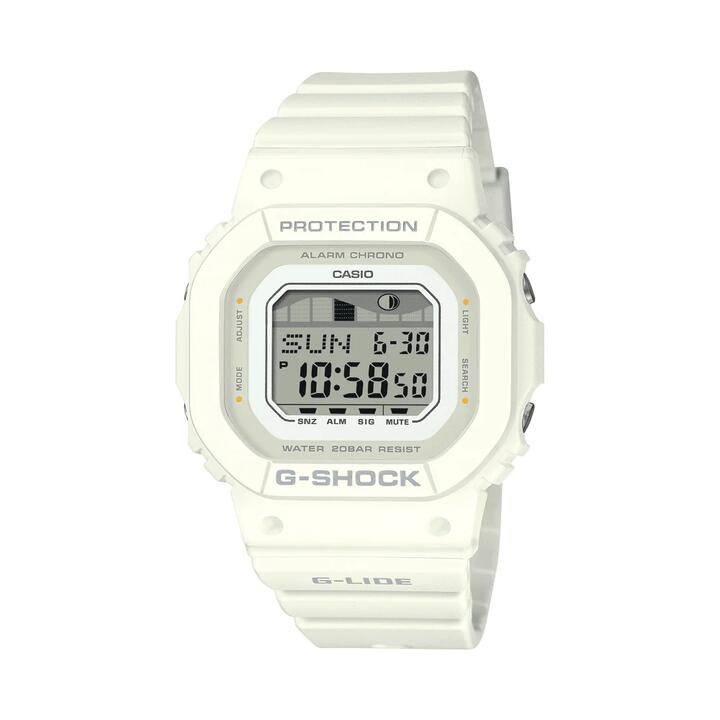 Image of Watches. Productname: Casio G-Lide Mid Dig Natural Surf Led Moon Tide World Time 200M Water Resistant White Face And Resin Band GLXS5600-7B in Watch colour by brand - Casio