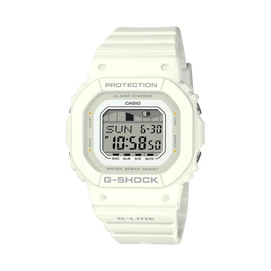 Image of Watches. Productname: Casio G-Lide Mid Dig Natural Surf Led Moon Tide World Time 200M Water Resistant White Face And Resin Band GLXS5600-7B in Watch colour by brand - Casio