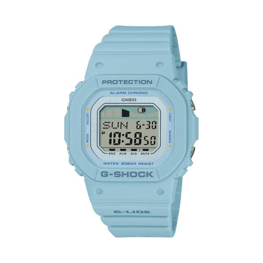 Image of Watches. Productname: Casio G-Lide Mid Dig Natural Surf Led Moon Tide World Time 200M Water Resistant Blue Face And Resin Band GLXS5600-2D in Watch colour by brand - Casio