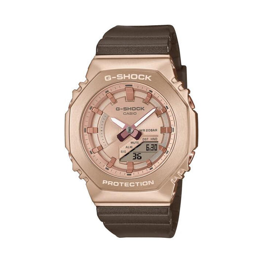 Image of Watches. Productname: Casio G Shock Mid Duo Peach Gold World Time Stopwatch Alarm 200M Water Resistant R/Gold Face Brown Resin Band GMS2100CB-5A in Watch colour by brand - Casio