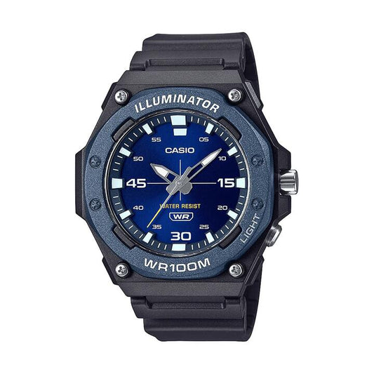 Image of Watches. Productname: Casio Ana Heavy Duty Led Light 100M Water Resistant Water Resistant Blue Face Black Resin Band MW620H-2A in Watch colour by brand - Casio