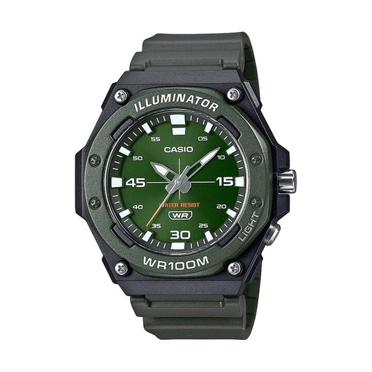 Image of Watches. Productname: Casio Ana Heavy Duty Led Light 100M Water Resistant Water Resistant Green Face Black Resin Band MW620H-3A in Watch colour by brand - Casio