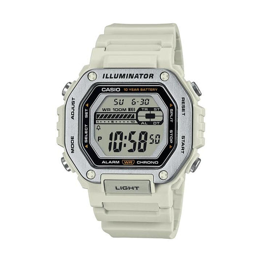 Image of Watches. Productname: Casio Digital Gents Led Dual Alarm 100M Water Resistant White Face And Resin Band MWD110H-8A in Watch colour by brand - Casio