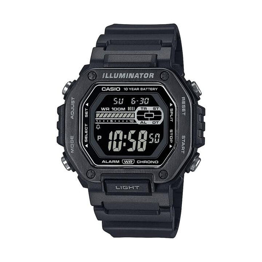 Image of Watches. Productname: Casio Digital Gents Led Dual Alarm 100M Water Resistant Black Ip Face And Resin Band MWD110HB-1B in Watch colour by brand - Casio