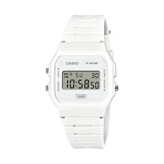 Image of Watches. Productname: Casio Digital Led Stopwatch Alarm White Resin Band F91WB-7A in Watch colour by brand - Casio