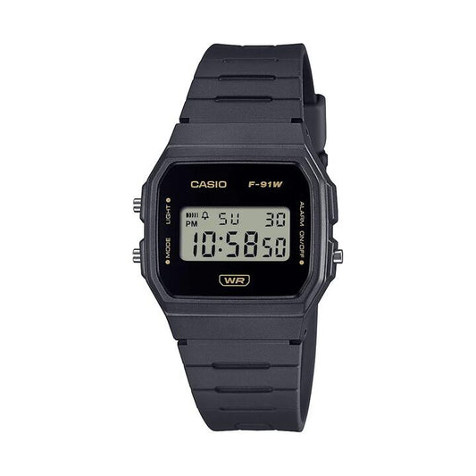 Image of Watches. Productname: Casio Digital Led Stopwatch AlarmBlack Resin Band Gold Acct F91WB-8A in Watch colour by brand - Casio