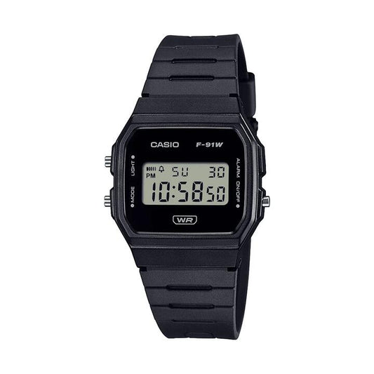 Image of Watches. Productname: Casio Digital Led Stopwatch Alarm Black Resin Band F91WB-1A in Watch colour by brand - Casio