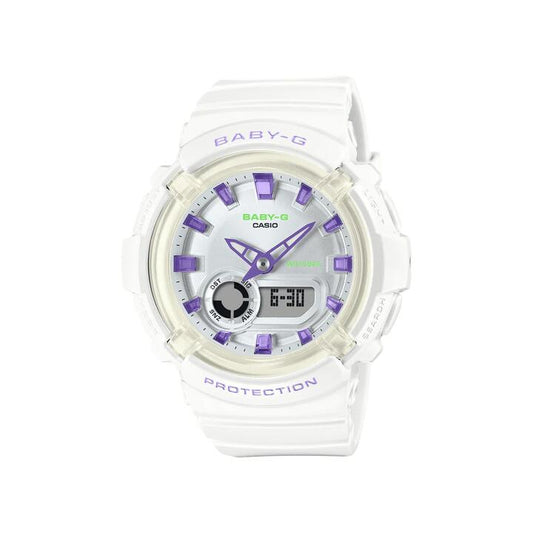 Image of Watches. Productname: Casio Baby G Duo Dance In Neon Led Worldtime Stopwatch Alarm 100M Water Resistant White W/ Purple Accent Resin BGA280DN-7A in Watch colour by brand - Casio