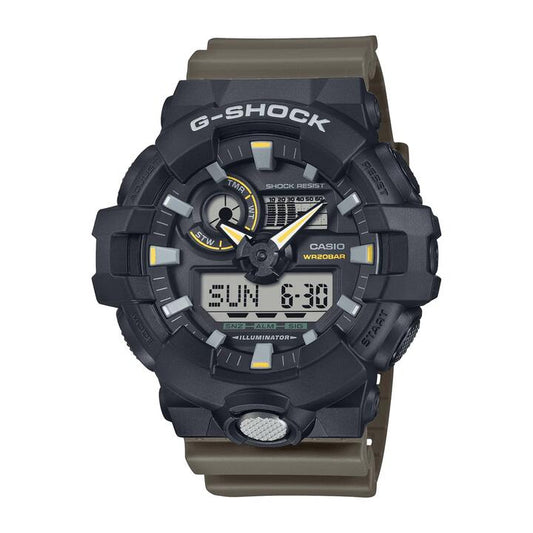 Image of Watches. Productname: Casio G Shock Duo 2-Tone Utility Worldtime Stopwatch Alarm 200M Water Resistant Black Case Brown Resin Band GA710TU-1A3 in Watch colour by brand - Casio