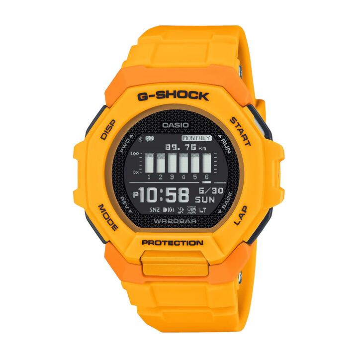 Image of Watches. Productname: Casio G Shock G Squad Digital Bluetooth Training Worldtime 200M Water Resistant Yellow Case And Resin Band GBD300-9D in Watch colour by brand - Casio