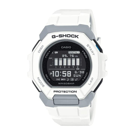 Image of Watches. Productname: Casio G Shock G Squad Digital Bluetooth Training Worldtime 200M Water Resistant White Case And Resin Band GBD300-7D in Watch colour by brand - Casio