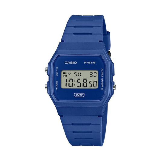 Image of Watches. Productname: Casio Digital Led Stopwatch Alarm Blue Resin Band F91WB-2A1 in Watch colour by brand - Casio